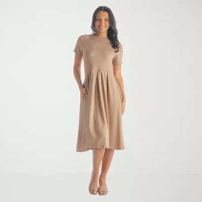 24seven Comfort Apparel Womens Short Sleeve Midi A-line Dress In Neutral