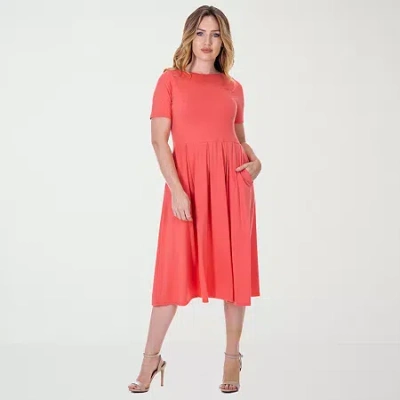 24seven Comfort Apparel Womens Short Sleeve Midi A-line Dress In Orange