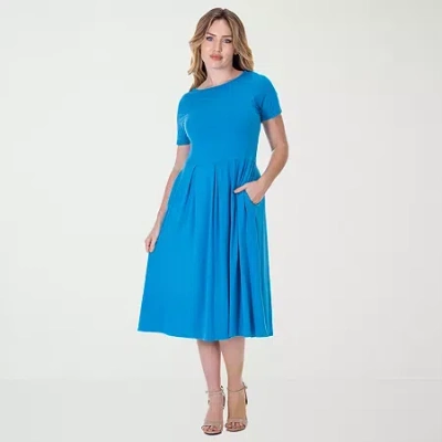24seven Comfort Apparel Womens Short Sleeve Midi A-line Dress In Blue