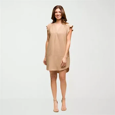 24seven Comfort Apparel Plus Size V-neck Cap Sleeve Knee Length Pocket Dress In Neutral