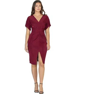 24seven Comfort Apparel Womens Short Sleeve V Neck Twist Front Split Hem Dress In Burgundy