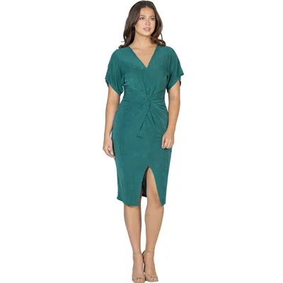 24seven Comfort Apparel Womens Short Sleeve V Neck Twist Front Split Hem Knee Length Dress In Green