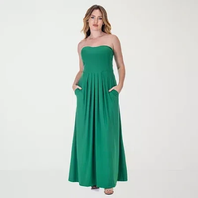 24seven Comfort Apparel Womens Pleated A Line Strapless Maxi Pocket Dress In Green