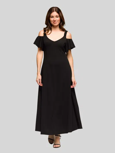 24seven Comfort Apparel Womens Soft V Neck Cold Sholder Ruffle Sleeve Wide A Line Maxi Dress In Black