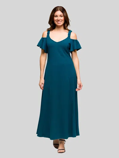 24seven Comfort Apparel Womens Soft V Neck Cold Sholder Ruffle Sleeve Wide A Line Maxi Dress In Blue
