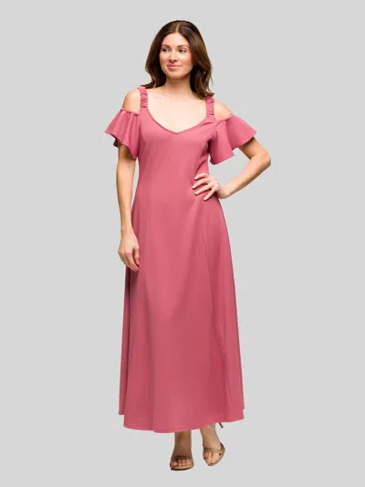 24seven Comfort Apparel Womens Soft V Neck Cold Sholder Ruffle Sleeve Wide A Line Maxi Dress In Pink