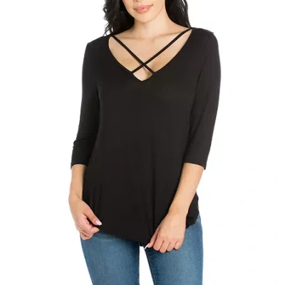 24seven Comfort Apparel Womens V Neck 3/4 Sleeve Tunic Top In Black
