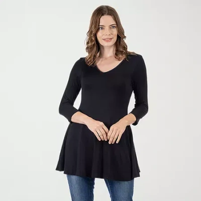24seven Comfort Apparel Womens V Neck 3/4 Sleeve Tunic Top In Black
