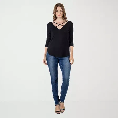 24seven Comfort Apparel Womens V Neck 3/4 Sleeve Tunic Top In Black