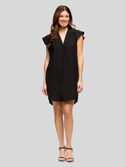 24seven Comfort Apparel Womens V Neck Cap Sleeve Round Hem Mini Pocket Shift Dress In Black