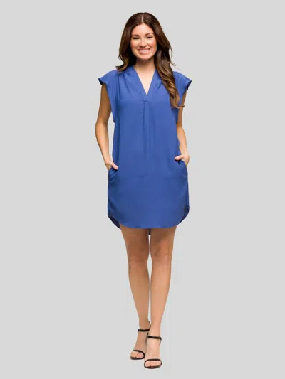 24seven Comfort Apparel Womens V Neck Cap Sleeve Round Hem Mini Pocket Shift Dress In Blue
