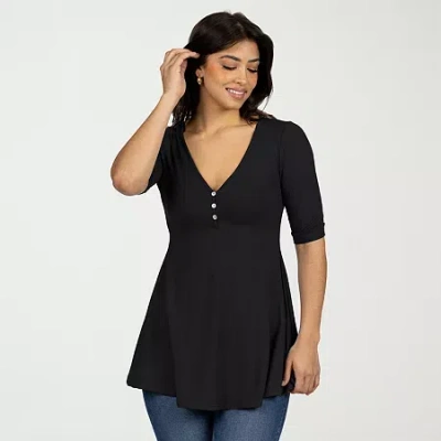 24seven Comfort Apparel Womens V Neck Elbow Sleeve Tunic Top In Black