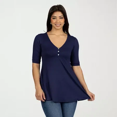 24seven Comfort Apparel Womens V Neck Elbow Sleeve Tunic Top In Blue