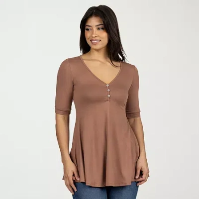 24seven Comfort Apparel Womens V Neck Elbow Sleeve Tunic Top In Brown