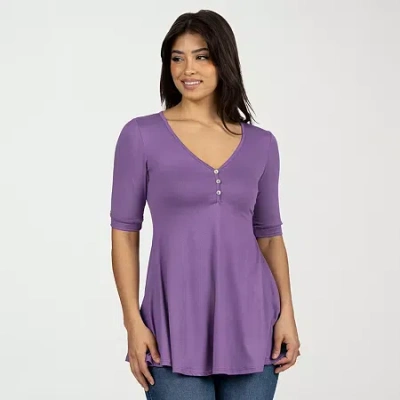 24seven Comfort Apparel Womens V Neck Elbow Sleeve Tunic Top In Purple