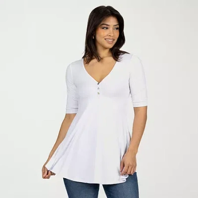24seven Comfort Apparel Womens V Neck Elbow Sleeve Tunic Top In White