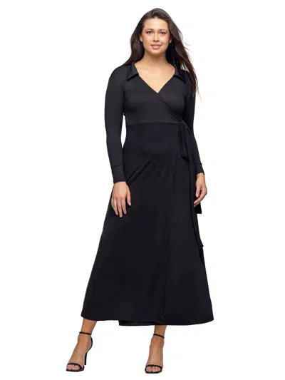 24seven Comfort Apparel Womens V Neck Long Sleeve Collared Wrap A Line Maxi Dress In Black