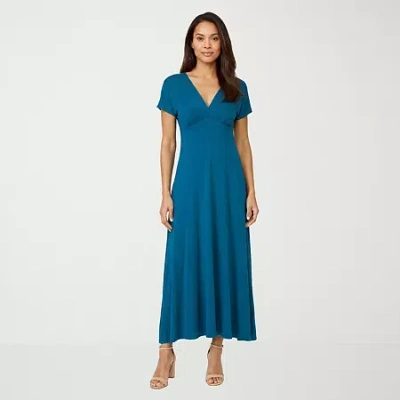 24seven Comfort Apparel Womens V Neck Short Sleeve Maxi Dress In Blue