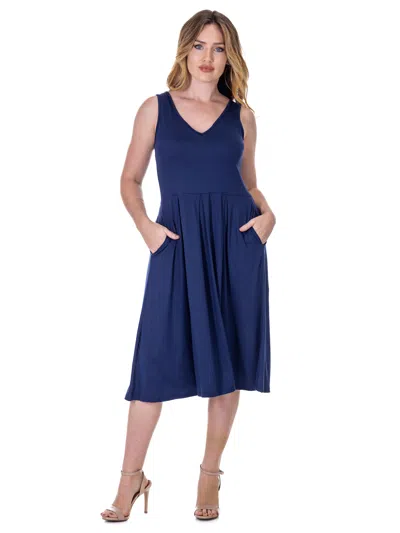 24seven Comfort Apparel Womens V Neck Sleeveless Pleated Fit N Flare Pocket Midi Dress In Blue