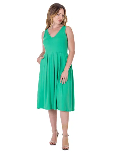 24seven Comfort Apparel Womens V Neck Sleeveless Pleated Fit N Flare Pocket Midi Dress In Green