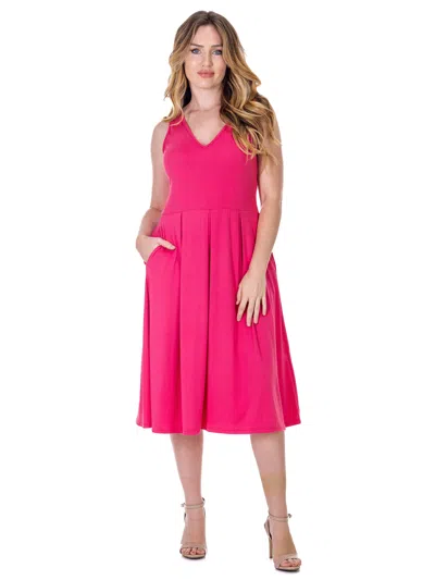 24seven Comfort Apparel Womens V Neck Sleeveless Pleated Fit N Flare Pocket Midi Dress In Pink