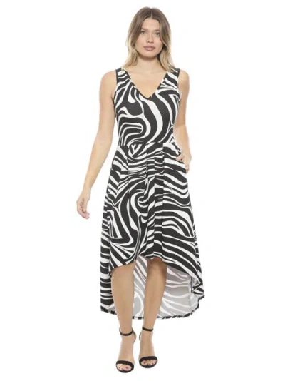 24seven Comfort Apparel Womens Zebra Sleeveless Fit N Flare High Low Pocket Midi Dress In Black