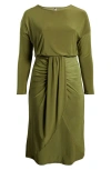 24seven Comfort Apparel Wrap Skirt Long Sleeve Jersey Dress In Avocado