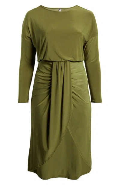 24seven Comfort Apparel Wrap Skirt Long Sleeve Jersey Dress In Avocado