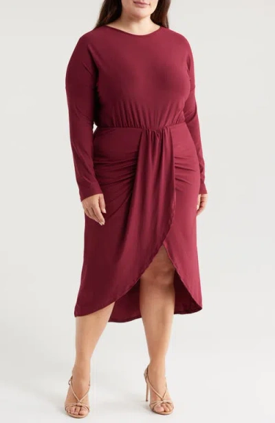 24seven Comfort Apparel Wrap Skirt Long Sleeve Jersey Dress In Burgundy