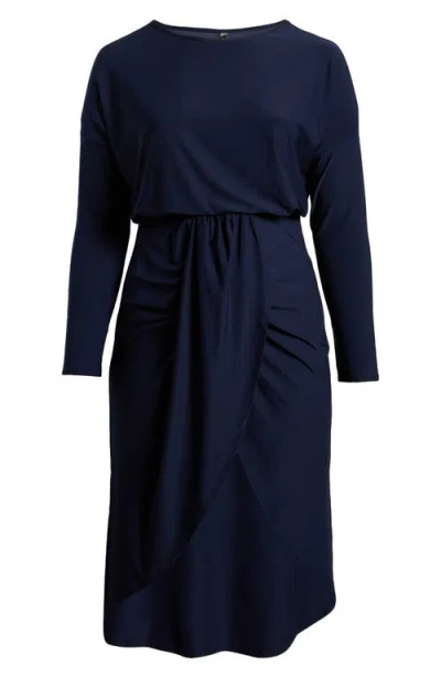 24seven Comfort Apparel Wrap Skirt Long Sleeve Jersey Dress In Navy