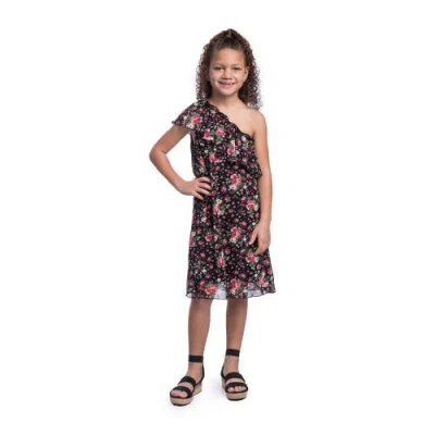 24sevenkid Black Floral One Shoulder Ruffle Knee Length Dress In Multi