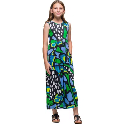 24sevenkid Blue Butterfly Print Sleeveless Maxi Dress With Pockets In Multi