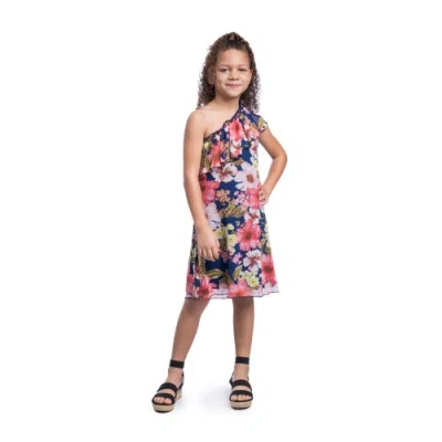 24sevenkid Blue Floral One Shoulder Ruffle Knee Length Dress In Multi