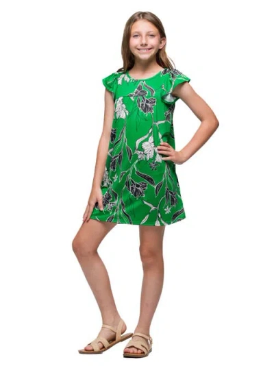 24sevenkid Green Floral Print Cap Sleeve Babydoll Dress In Multi