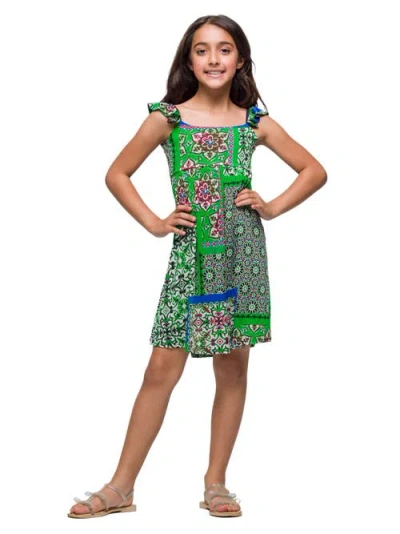 24sevenkid Green Scarf Print Ruffle Summer Dress In Multi