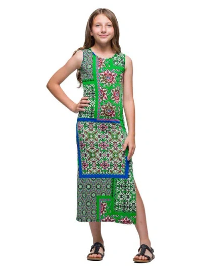 24sevenkid Green Scarf Print Side Slit Maxi Dress In Multi