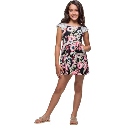 24sevenkid Knee Length Black Floral Pocket Dress In Multi