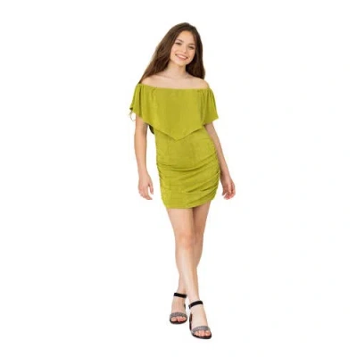 24sevenkid Off The Shoulder Rouched Party Dress In Green
