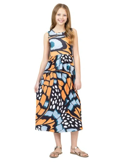 24sevenkid Orange Butterfly Print Sleeveless Pocket Maxi Dress In Multi