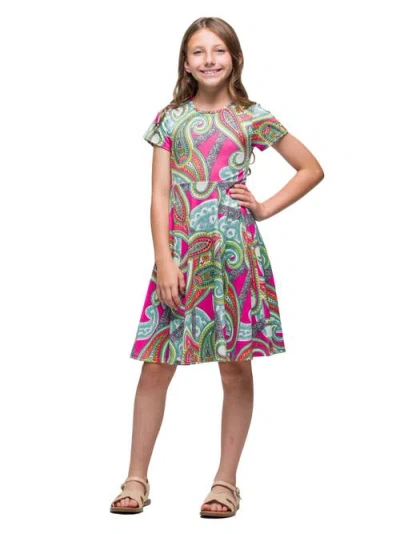 24sevenkid Pink Paisley Print Short Sleeve Fit And Flare Dress In Multi