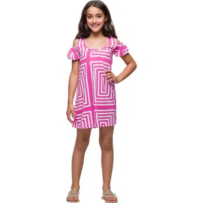 24sevenkid Pink Print Cold Shoulder A-line Dress In Multi