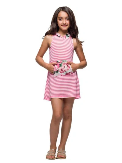 24sevenkid Pink Sleeveless Knee Length Hooded Dress In Multi