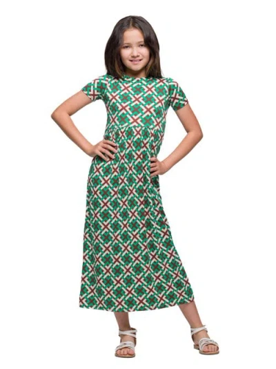 24sevenkid Short Sleeve Green Maxi Dress In Multi