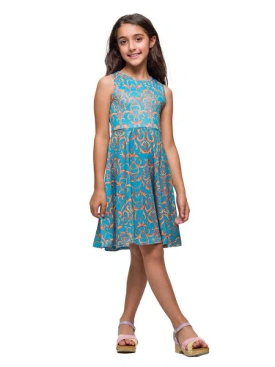 24sevenkid Sky Blue And Orange Print Fit And Flare Dress In Multi