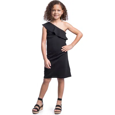 24sevenkid Solid Color One Shoulder Ruffle Knee Length Dress In Black