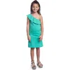 24sevenkid Solid Color One Shoulder Ruffle Knee Length Dress In Green