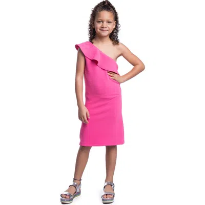 24sevenkid Solid Color One Shoulder Ruffle Knee Length Dress In Pink