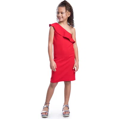 24sevenkid Solid Color One Shoulder Ruffle Knee Length Dress In Red