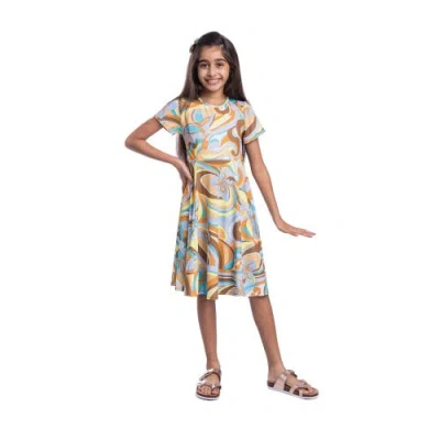 24sevenkid Yellow Print Knee Length Short Sleeve Flowy Dress In Multi