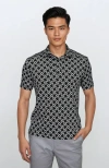 24sevenmen Wrinkle Resistant 3 Button Geometric Black Polo Shirt In Multi